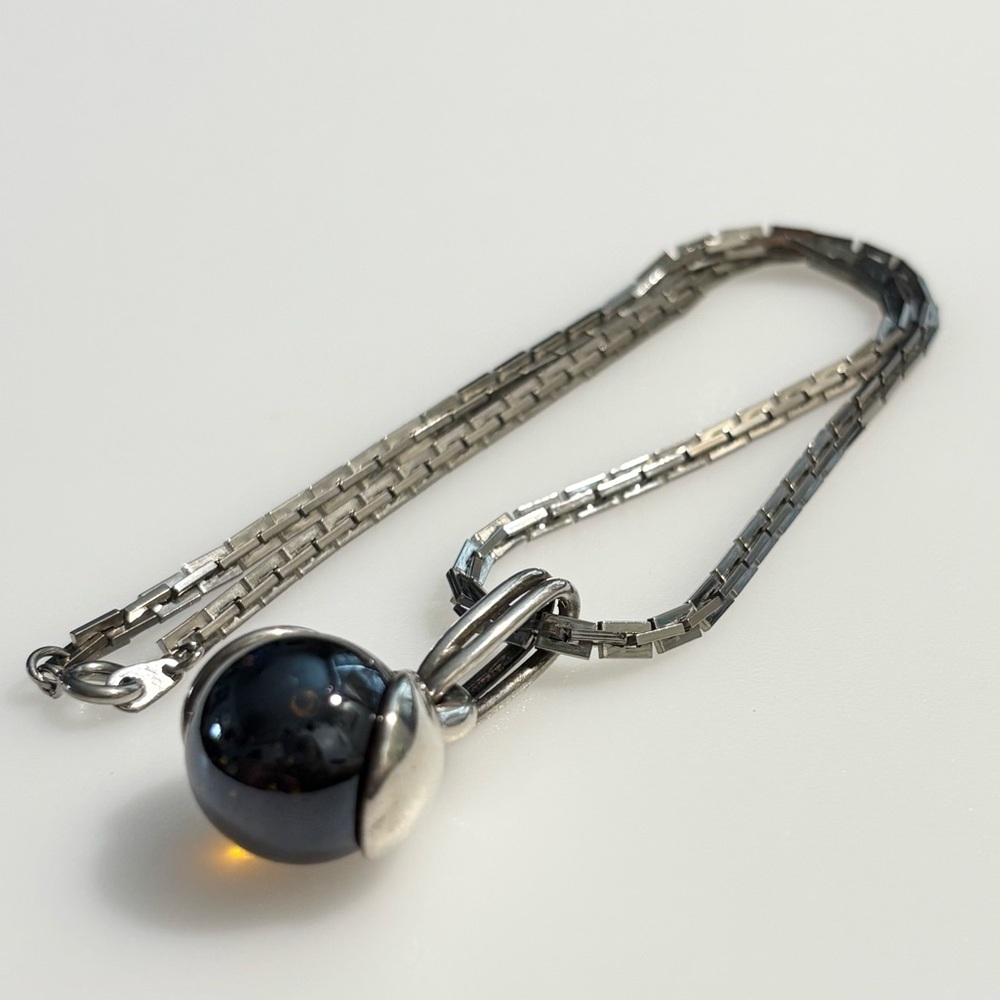 Artisan Silver Pendant Smokey Amber Glass Stone Multi Link Box Chain Necklace